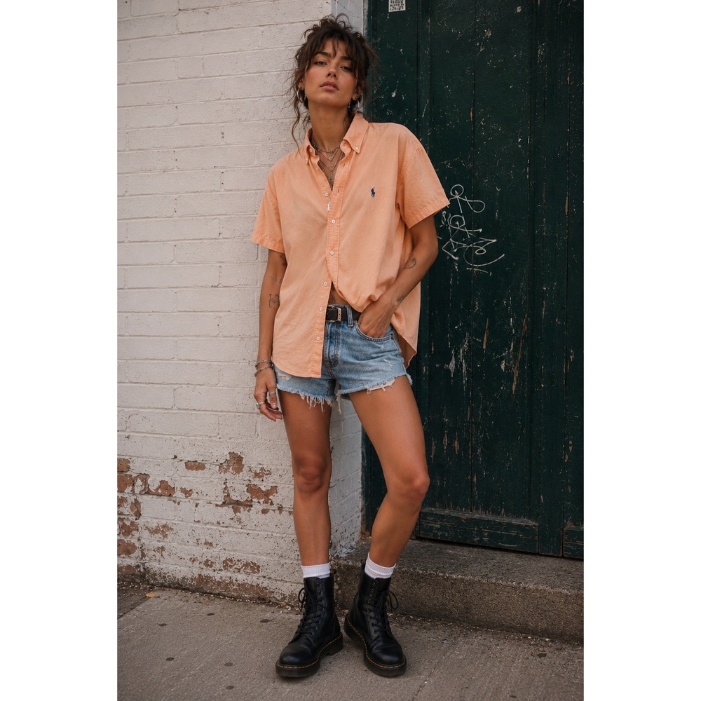 Vintage Polo Ralph Lauren Peach Salmon Grunge Skate Distressed Shirt UnisexY2K